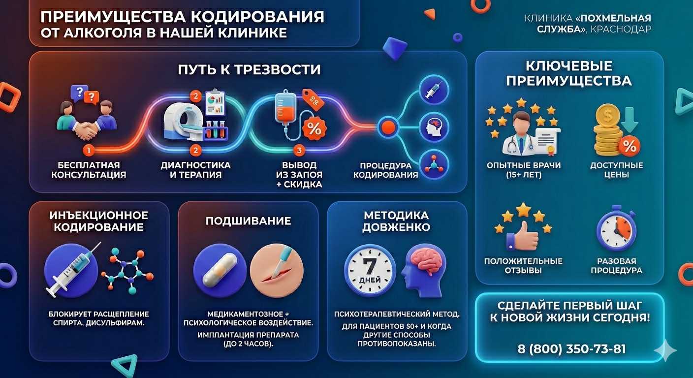 Инфографика о методах кодирования от алкоголя в Тарусе: инъекции, подшивание, метод Довженко. Преимущества клиники и этапы лечения.