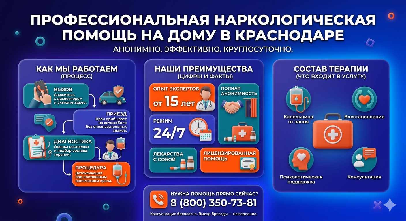 Инфографика о принципах лечения алкоголизма на дому в Тарусе: этапы вызова нарколога, преимущества анонимной детоксикации и состав медицинской помощи.